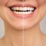 A Close Up Photo Of Women's Teeth Before And After Whitening. The Concept Of Comparison. Aesthetic Dentistry. Dental Care. Teeth Whitening